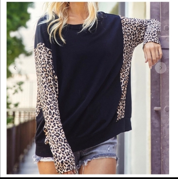 Black Leopard Print Detail Tunic Top - Picture 4 of 6